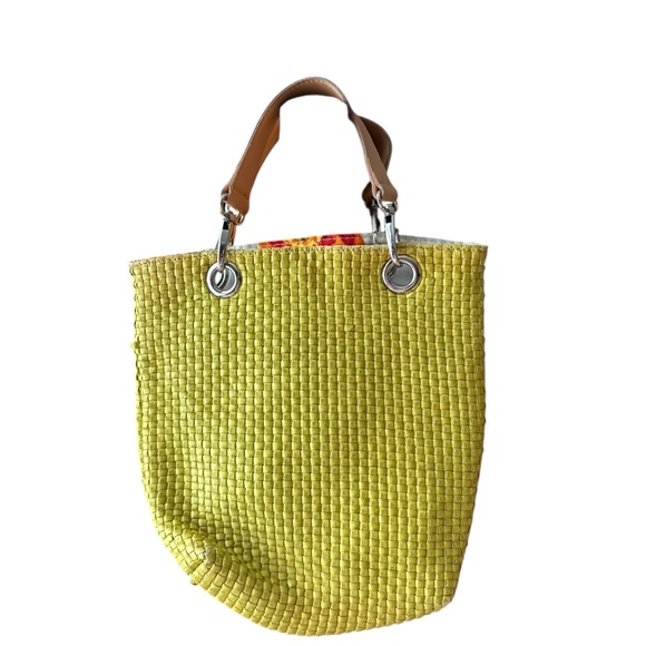 Made in Italy Maurizio Taiuti Neon Yellow Woven Tote Bag European Summer - Picture 3 of 8